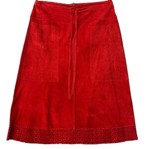 Vintage 90s illia Eyelet Lace Red Suede Leather Skirt 10 Hippie 70s Bohemian